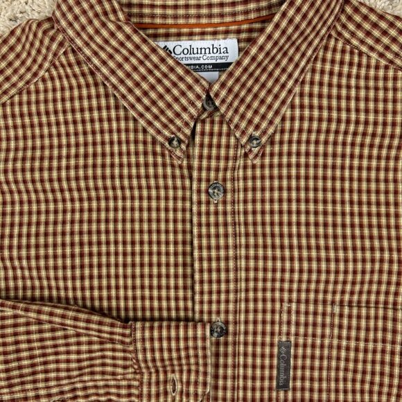 Columbia Long Sleeve Plaid Button Up Shirt Brown Red Men Large w Logo Collared - Picture 1 of 7